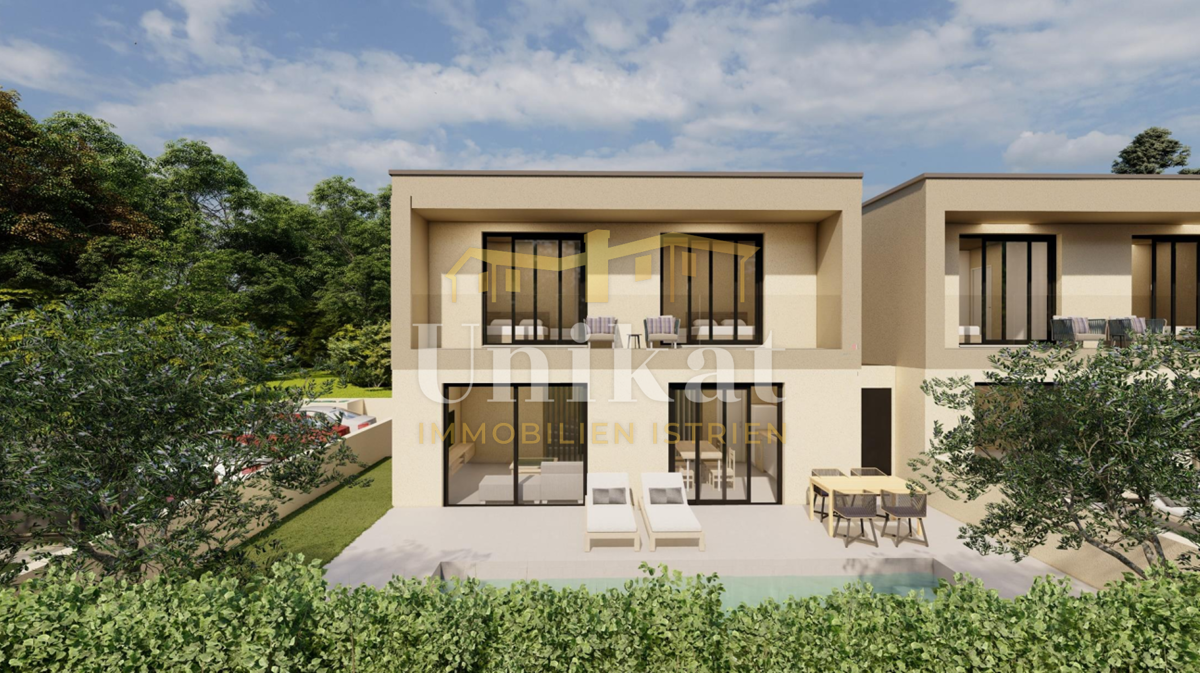 Progetto di nuova costruzione: casa bifamiliare con piscina, 2 camere da letto